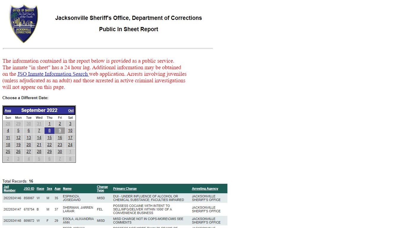 JSO Inmate Information Search